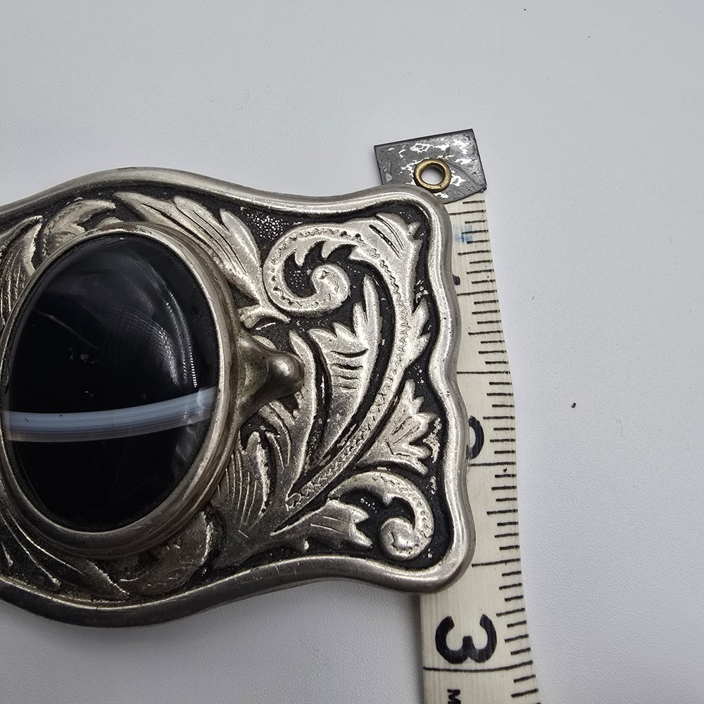Centerpiece Black Banded‎  Cabochon Silver Tone Western Framed Belt Buckle - Picture 5 of 6